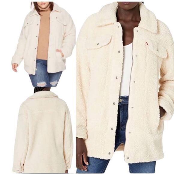 Levi's Sherpa Cream Teddy Medium Length Coat Jacket Super Warm Cozy Size Large - Picture 1 of 11